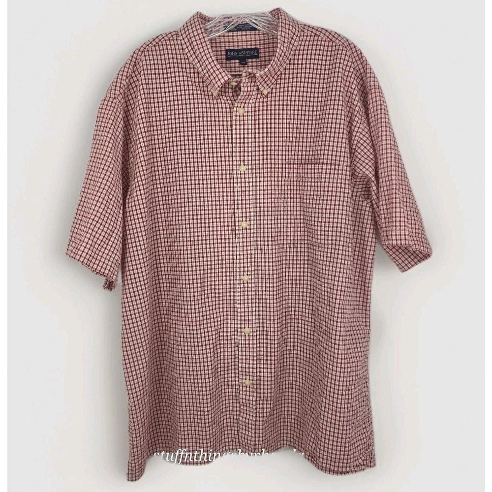 John Ashford‎ Seersucker Button Up Shirt Men's XXL Red & Tan Plaid With Pocket